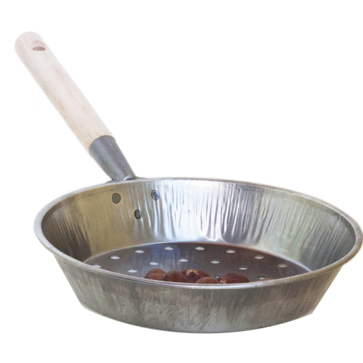 Chestnut-plated frying pan, complete with wooden handle suitable for home use.